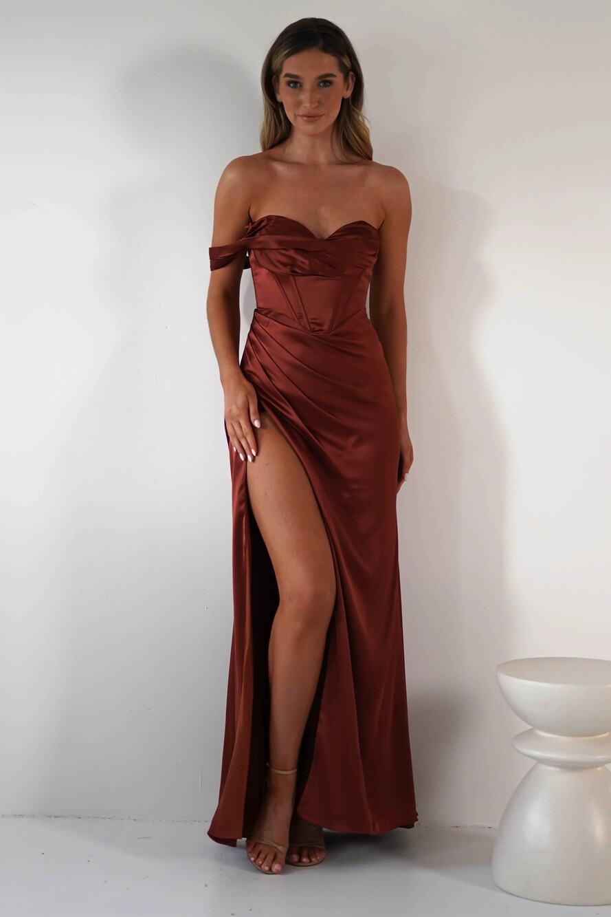 NWT Oh Hello Nicolette Soft Satin Strapless  Maxi Gown Rust Brown Women's Size M